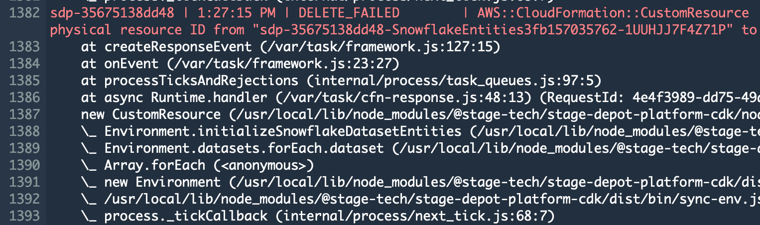 A Custom Resource Function that failed and surfaced up as a generic error in the CodeBuild logs for sdp-bootstrap-environment