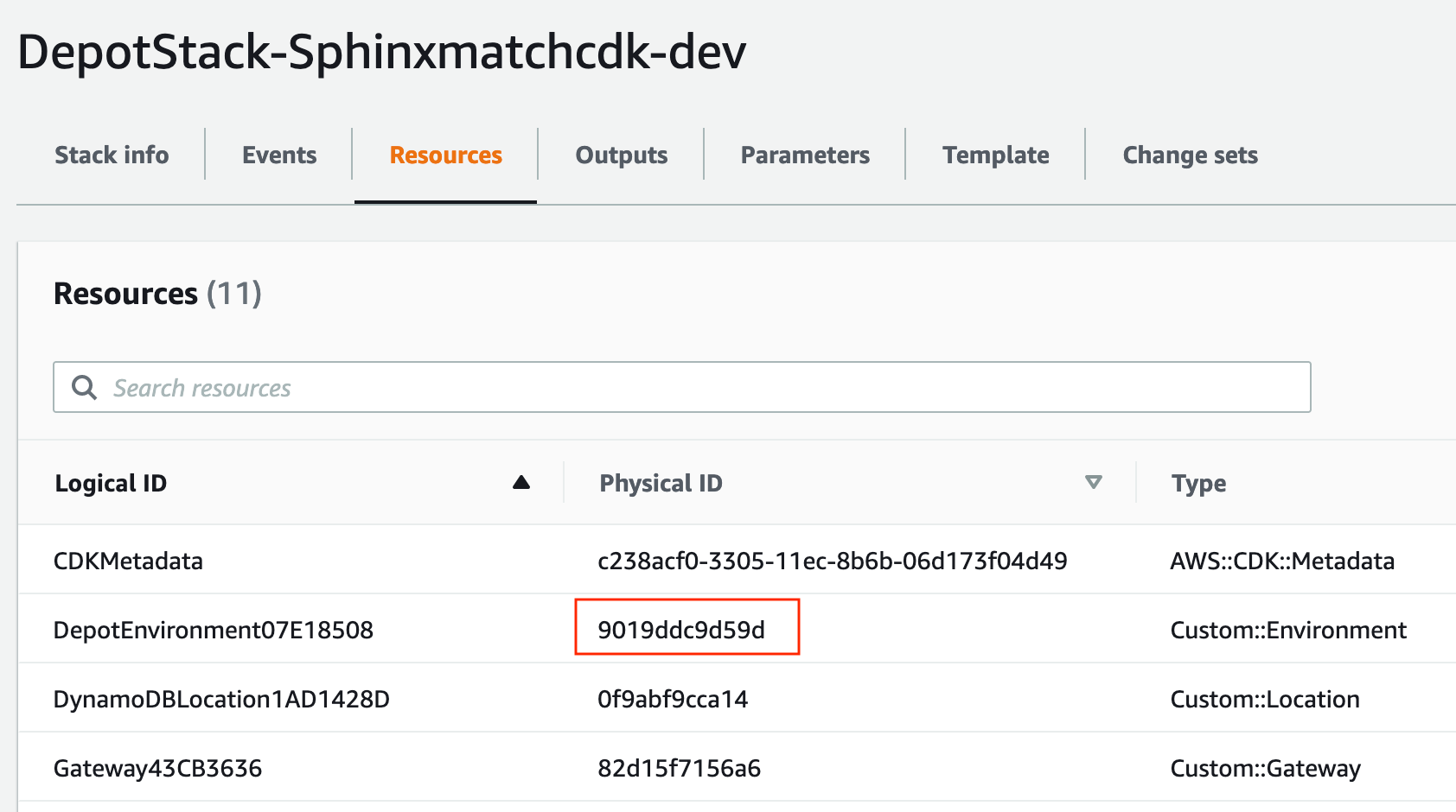Highlighting the Depot Environment ID in a top-level stack that houses a Depot environment.