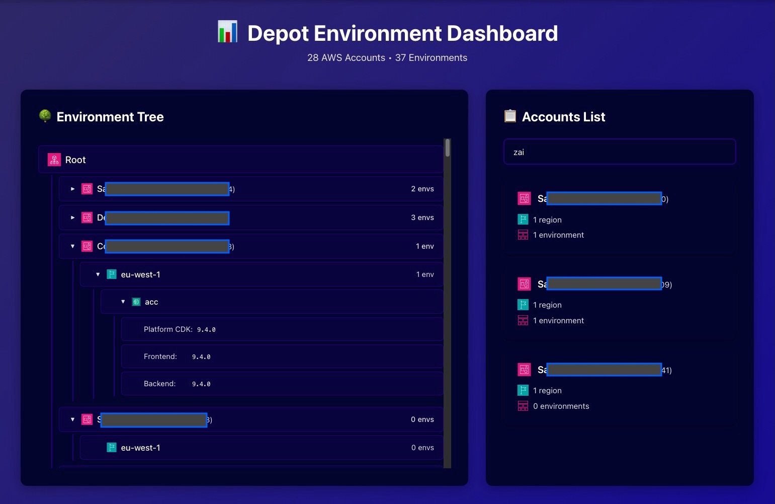 "Example of web app's home screen showing Depot environment versions"