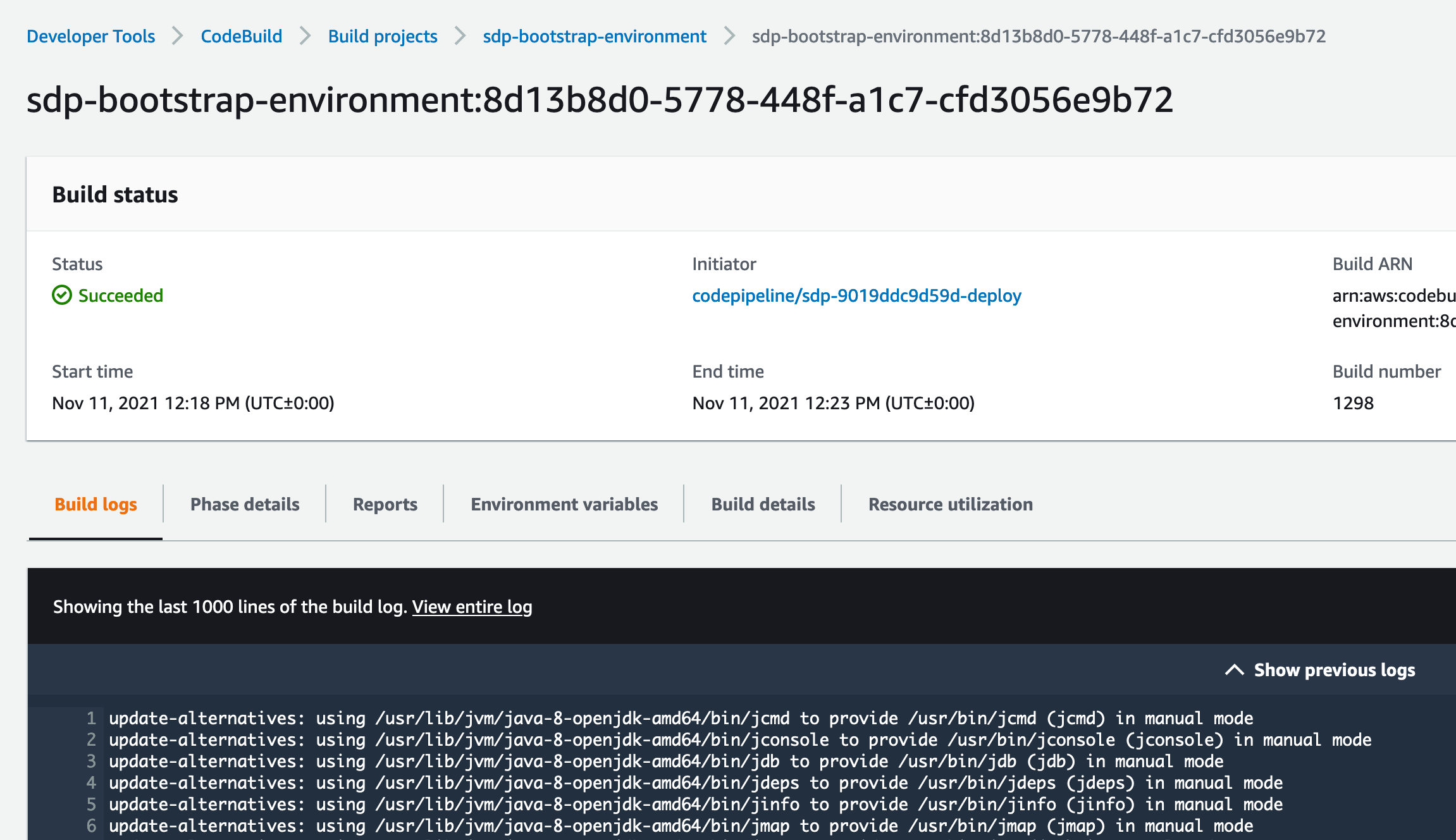 sdp-bootstrap-environment CodeBuild logs from a normal, successful runn